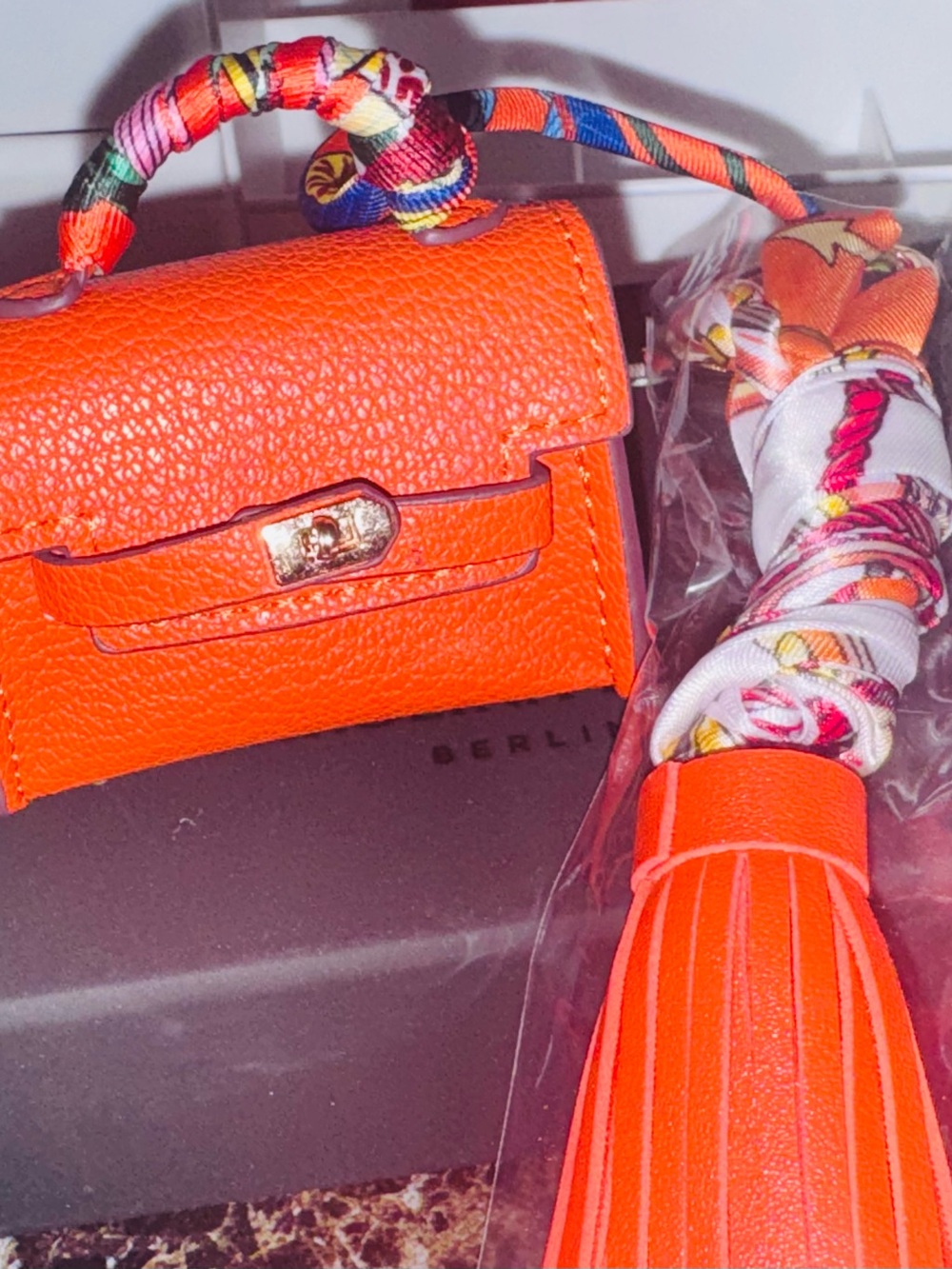 Mini Orange Leather bag charm with key holder Colorful Wrapped Handle